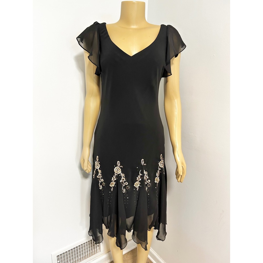 Y2K FAIRYGOTH SL Fashions Black Embroidered Floral Handkerchief Hem Dress 8